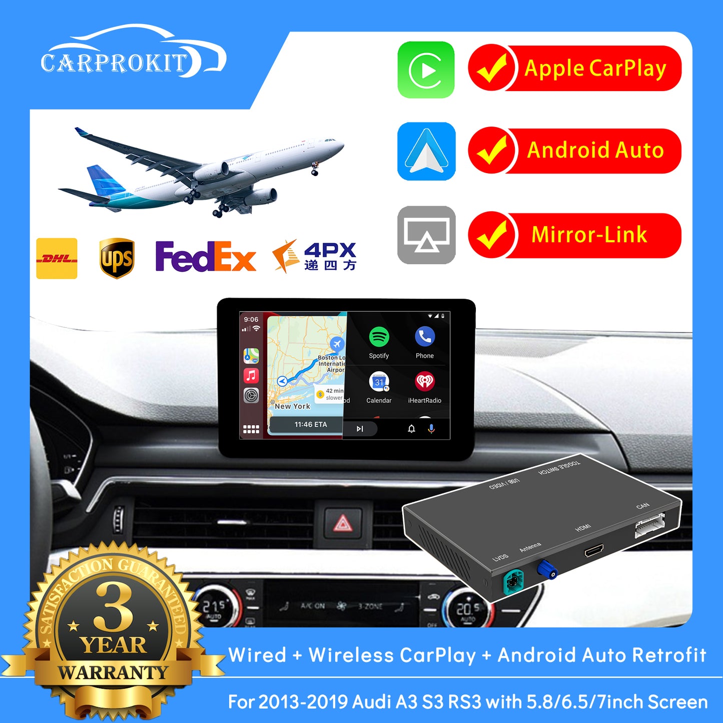 CarProKit Wireless CarPlay Android Auto Mirroring YouTube Retrofit Kits for Audi A3 S3 RS3 B9 5.8" & 7" Screen 2013-2019