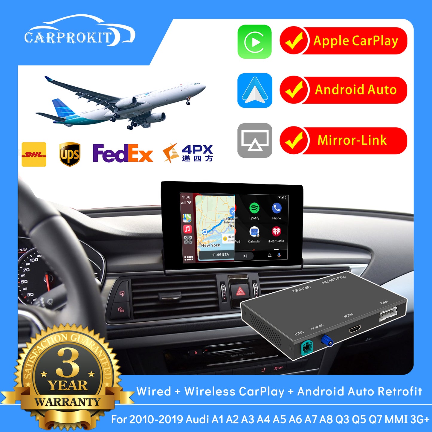 CarProKit Wireless CarPlay Android Auto Mirroring YouTube Retrofit Kit for Audi A1 A3 A4 A5 A6 A7 A8 S3 S4 S5 S6 S7 S8 Q3 Q5 Q7 2009-2019