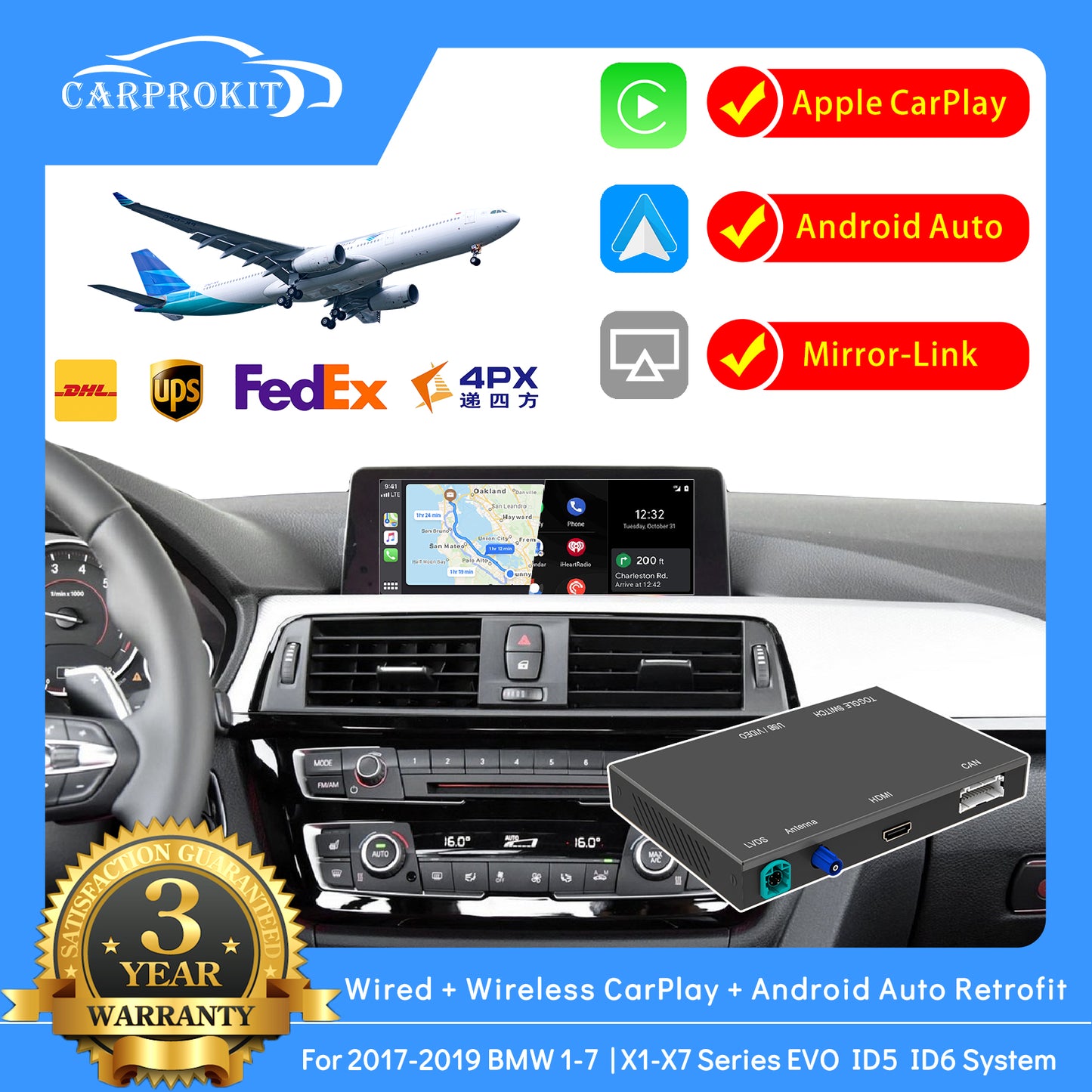 CarProKit Wireless CarPlay Android Auto Mirroring YouTube Retrofit Kit for BMW 1/2/3/4/5/6/7 Series X1 X3 X4 X5 X6 EVO System 2017-2019