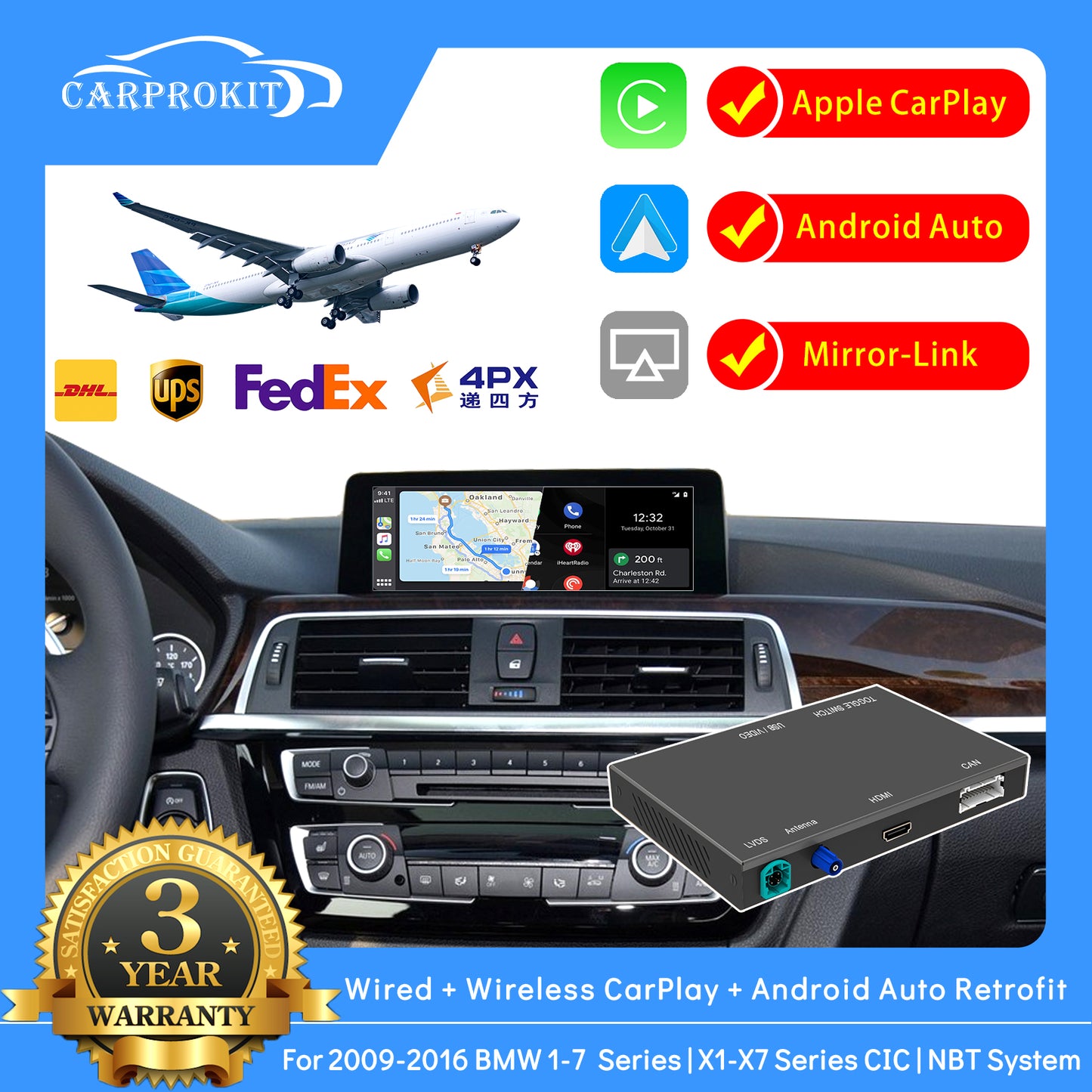 CarProKit Wireless CarPlay Android Auto Mirroring YouTube Retrofit Kit for BMW 1/2/3/4/5/6/7 Serie X1 X3 X4 X5 X6 CIC / NBT System 2009-2016