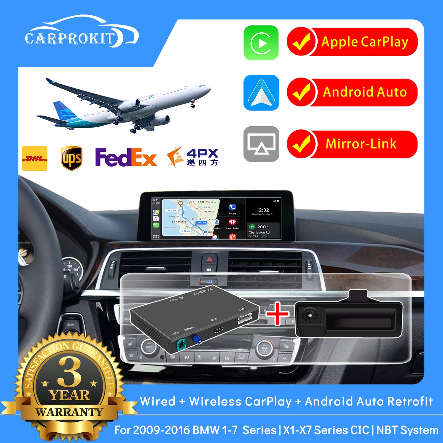 CarProKit Wireless CarPlay Retrofit Kit + Aftermarket Camera for BMW 1/2/3/4/5/6/7/ X1-X7 Series with CIC System 2009 -2014 / NBT Syetem 2013 - 2016