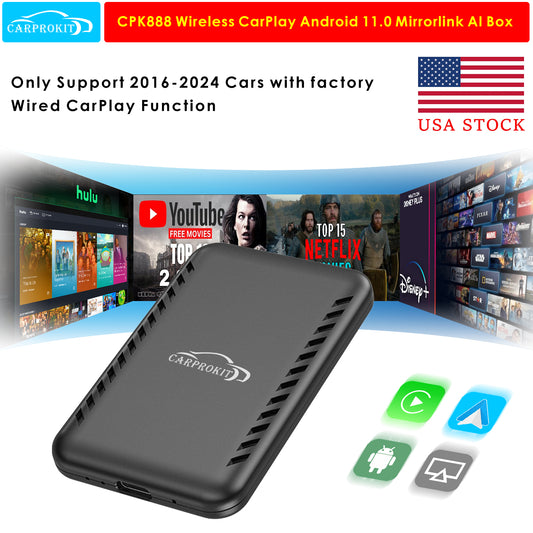 CarProKit Wireless CarPlay Android Auto Mirroring Adapter Android 11.0 YouTube Netflix AI Box for 2016-2024 Cars with Factory Wired CarPlay