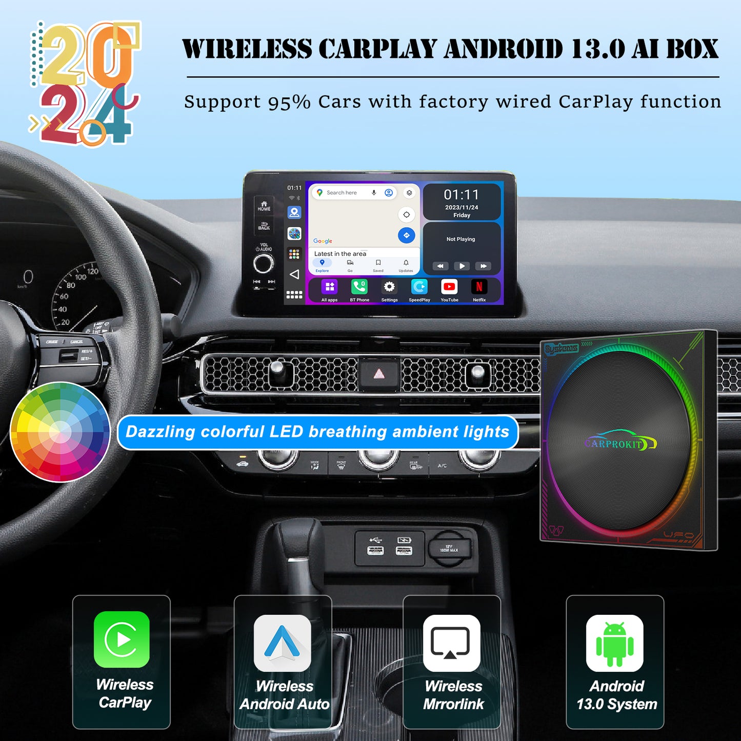 CarProKit Wireless CarPlay Android Auto Mirroring Adapter Android 13.0 8GB+128GB YouTube Netflix AI Box for 2016-2024 Car with Factory Wired CarPlay