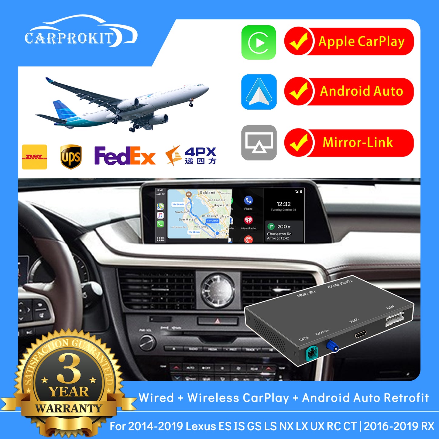 CarProKit Wireless CarPlay + Android Auto + Mirroring Nachrüstmodul-Kits für Lexus ES IS GS LS NX RX LX UX GX RC LC CT 2014–2019