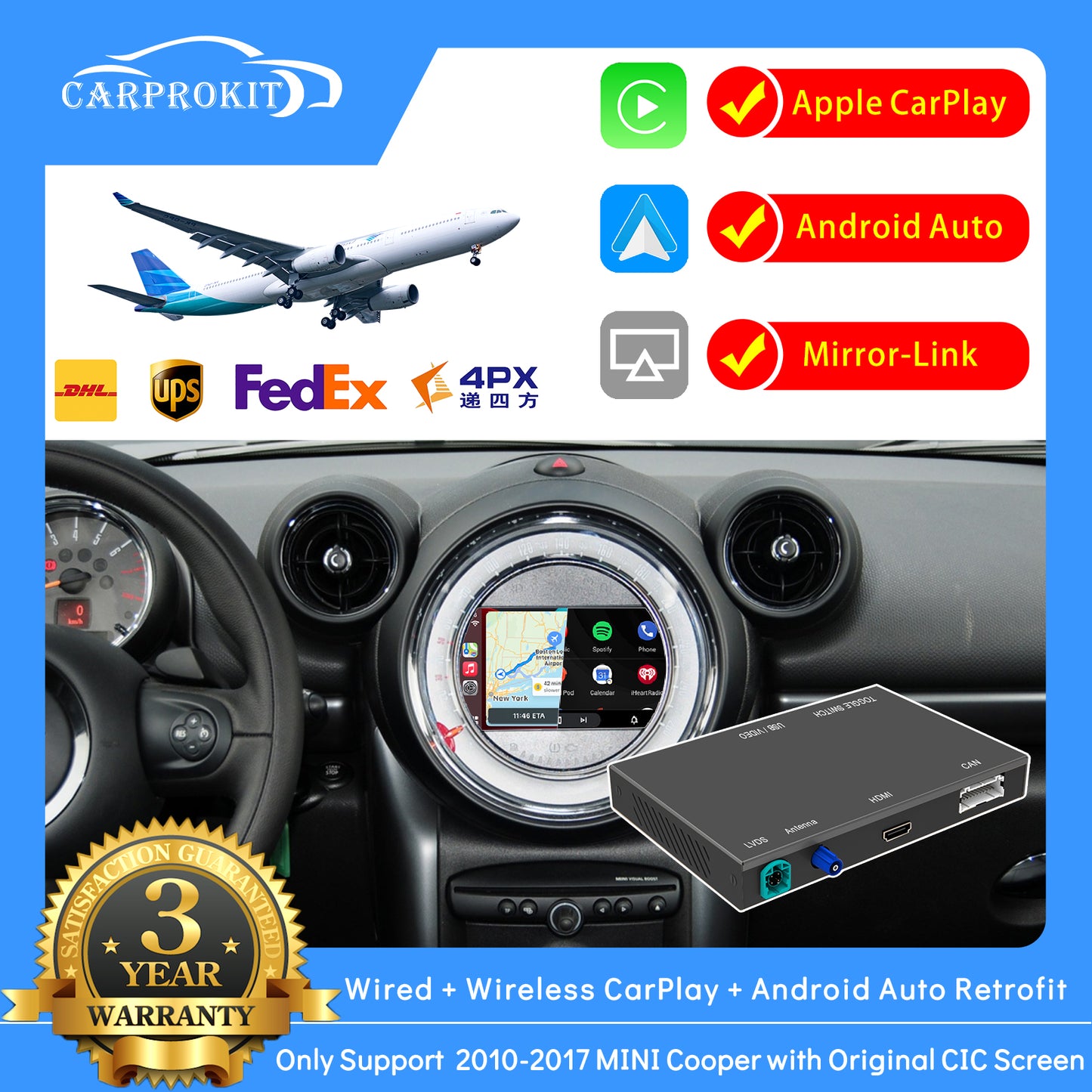 CarProKit Wireless CarPlay Android Auto AirPlay USB Mirroring Nachrüstsatz für Mini Cooper F54 F55 F56 F57 R58 R59 R60 R61 mit CIC-System 2010–2017