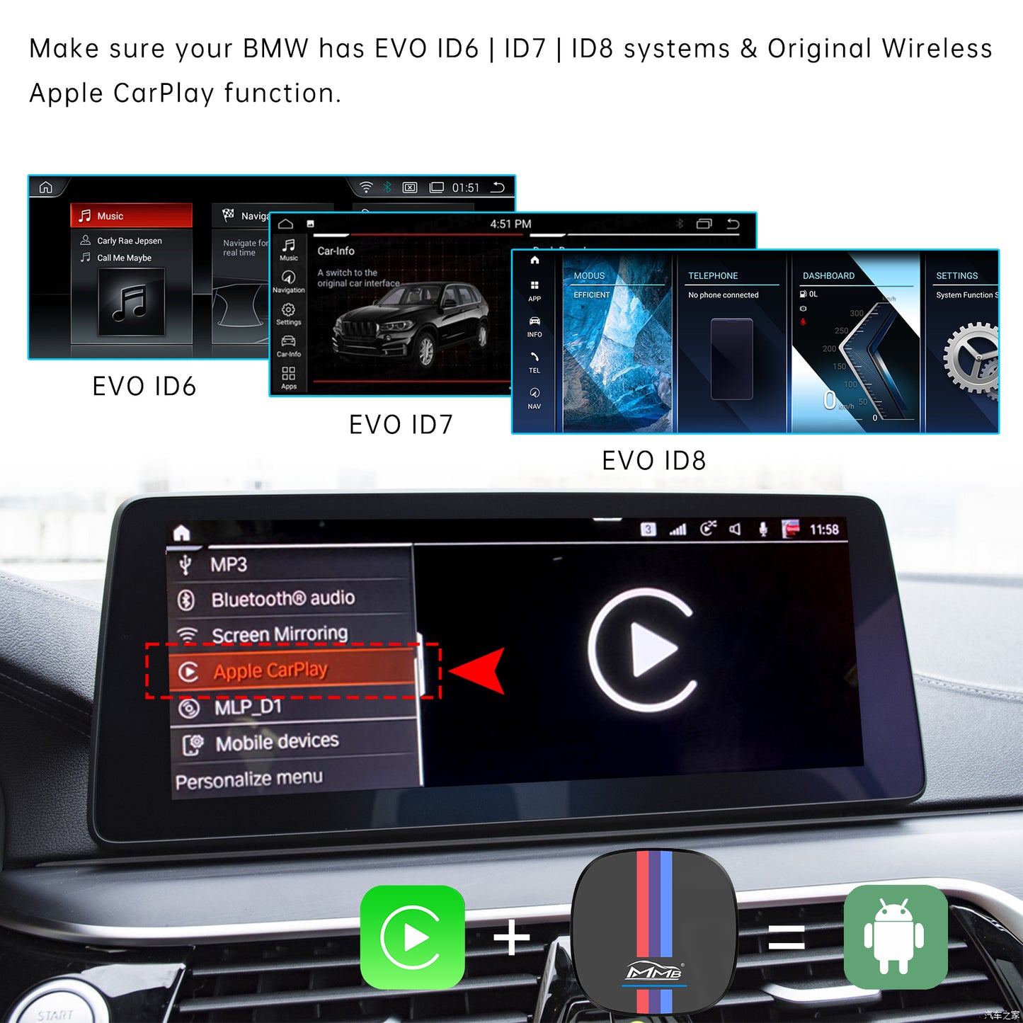 MMB BMW Android 10 Video AI Box, 4 GB + 64 GB, unterstützt 4G LTE SIM/TF-Kartensteckplatz für BMW EVO ID6 ID7 mit werkseitig kabellosem CarPlay 