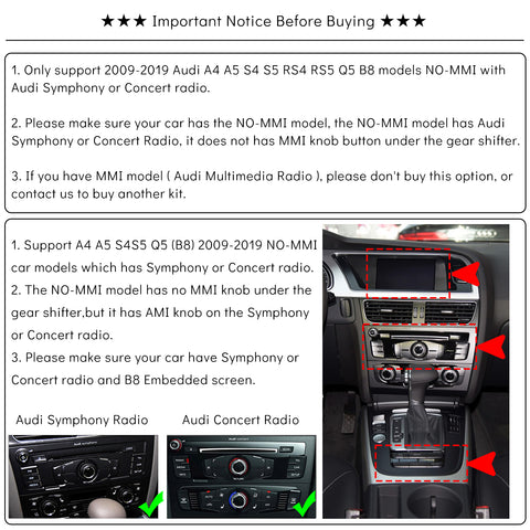 CarProkit for Audi A4 A5 S4 S5 Q5 B8 Symphony Concert Radio 2009-2019 Wireless Apple CarPlay Android Auto Retrofit Kit