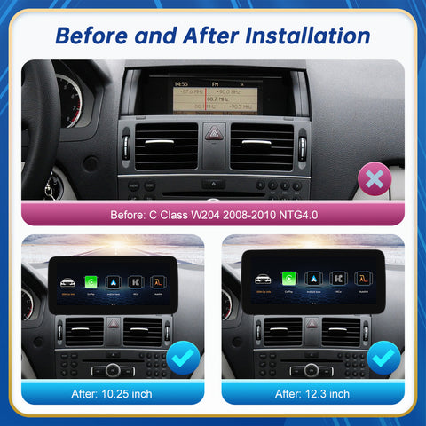 CarProKit 10.25" 12.3" Wireless CarPlay Android Auto Retrofit Linux Touch Screen for Mercedes-Benz C Class W204 with NTG 4.0 System 2008-2010