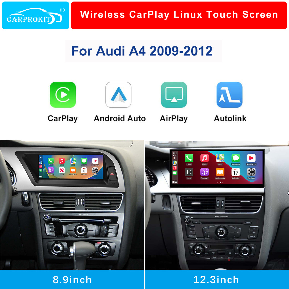 For Audi A4 Wireless CarPlay Android Auto Linux Touch Screen 2009-2012