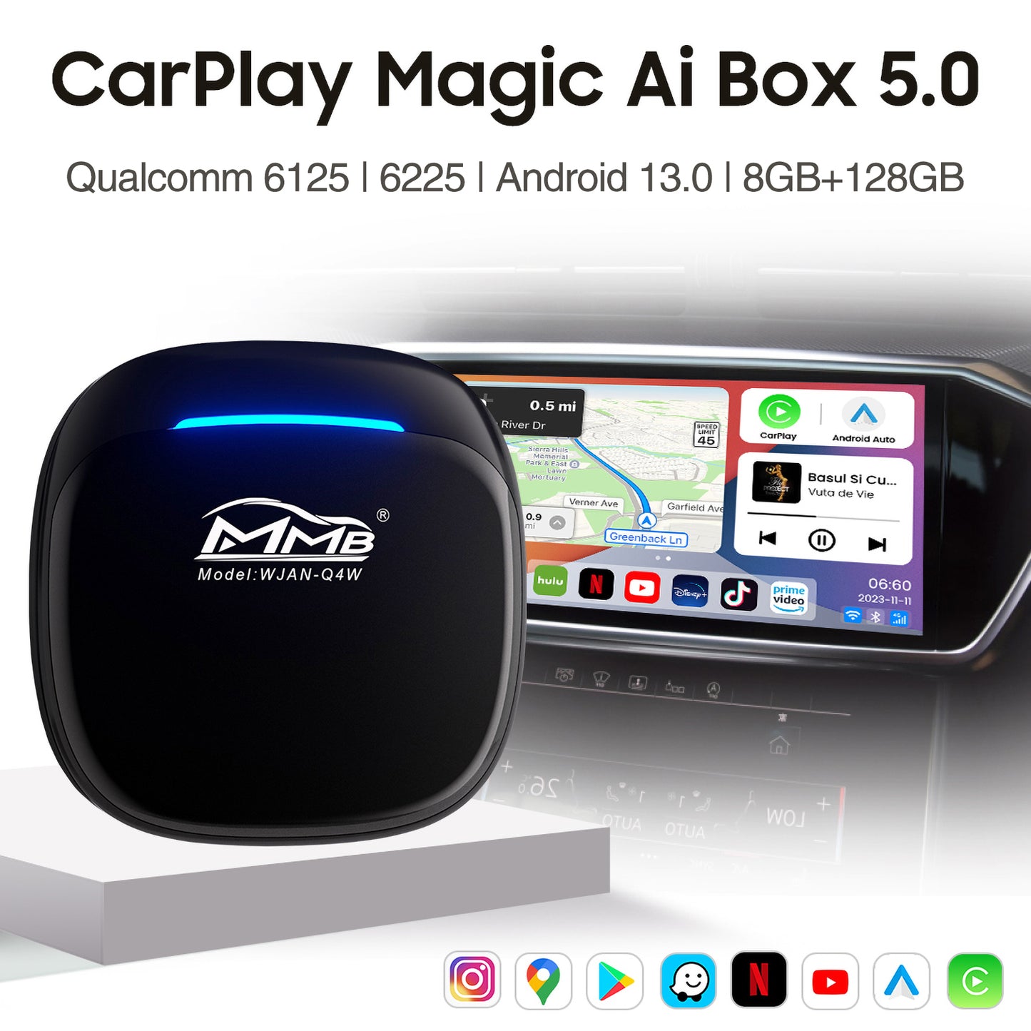 MMB MAX 5.0 Wireless Apple CarPlay Android Auto Adapter Android 13.0 YouTube Netflix AI Box 8GB+128GB For 2016-2024 Cars with Factory Wired CarPlay
