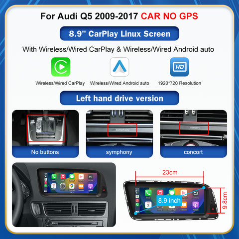 CarProKit 8.9" 12.3" Wireless CarPlay Android Auto Retrofit Linux Touch Screen for Audi Q5 Multimedia Symphony Concert Radio 2009-2017
