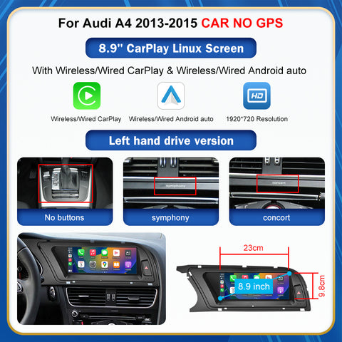 CarProKit 8.9" 12.3" Wireless CarPlay Android Auto Retrofit Linux Touch Screen for Audi A4 Multimedia Symphony Concert Radio 2013-2015