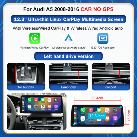 CarProKit 8.9" 12.3" Wireless CarPlay Android Auto Retrofit Linux Touch Screen for Audi A5 Multimedia Symphony Concert Radio 2008-2016