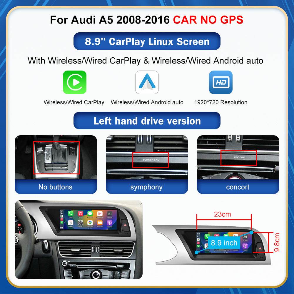 For Audi A5 Wireless CarPlay Android Auto Linux Touch Screen 2008-2016
