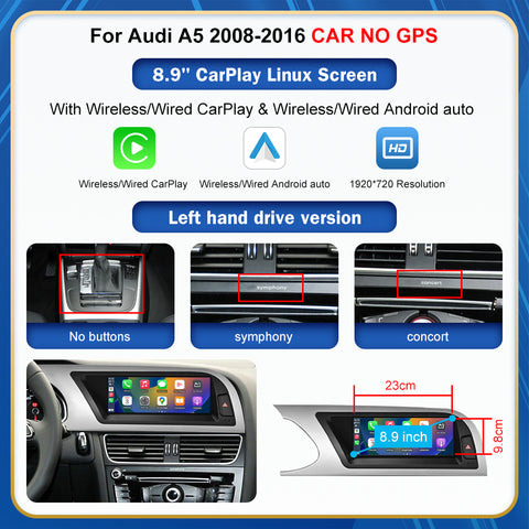 CarProKit 8.9" 12.3" Wireless CarPlay Android Auto Retrofit Linux Touch Screen for Audi A5 Multimedia Symphony Concert Radio 2008-2016