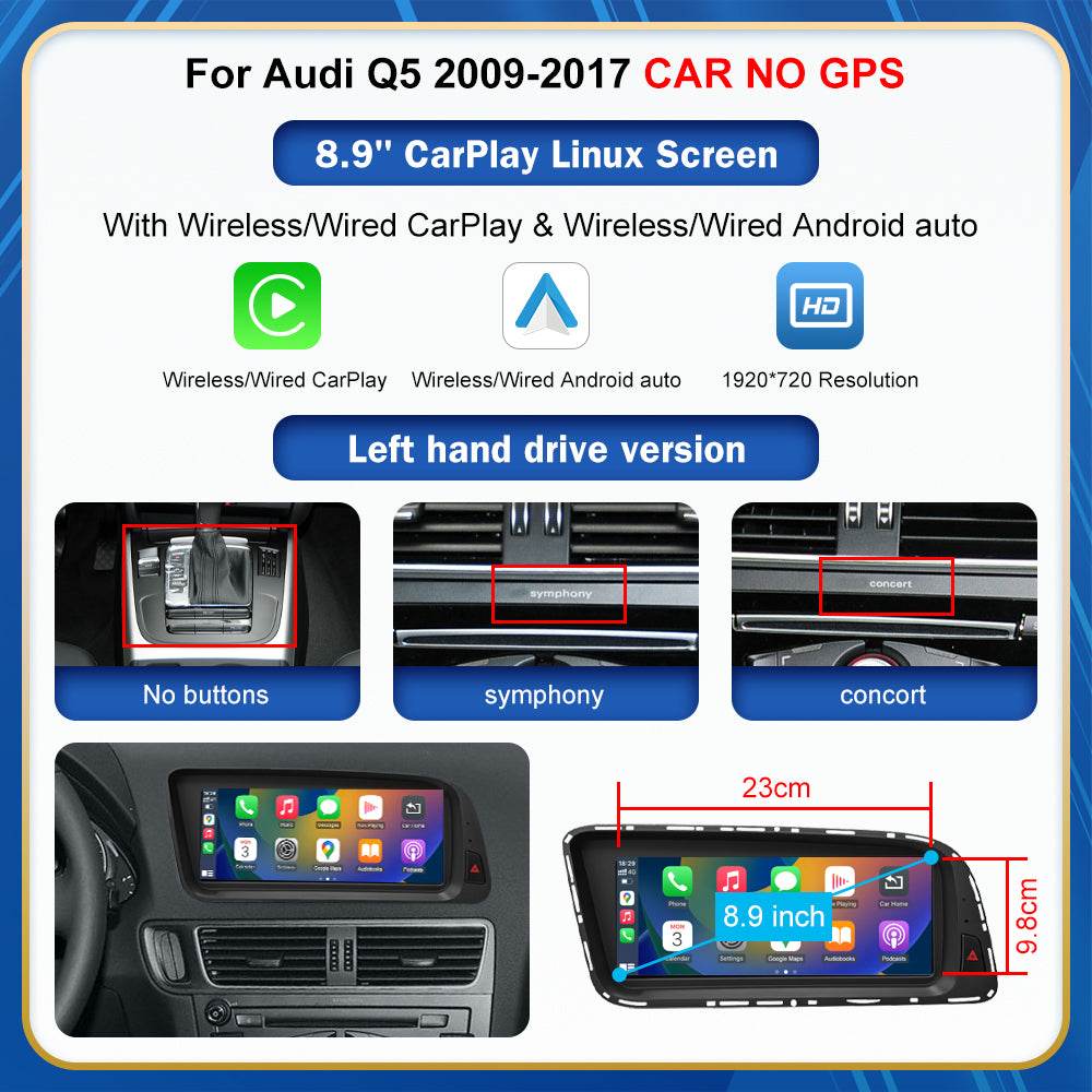 For Audi Q5 Wireless CarPlay Android Auto Linux Touch Screen 2009-2017