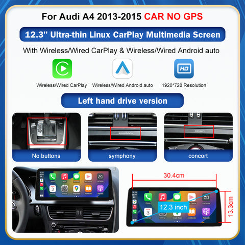 CarProKit 8.9" 12.3" Wireless CarPlay Android Auto Retrofit Linux Touch Screen for Audi A4 Multimedia Symphony Concert Radio 2013-2015
