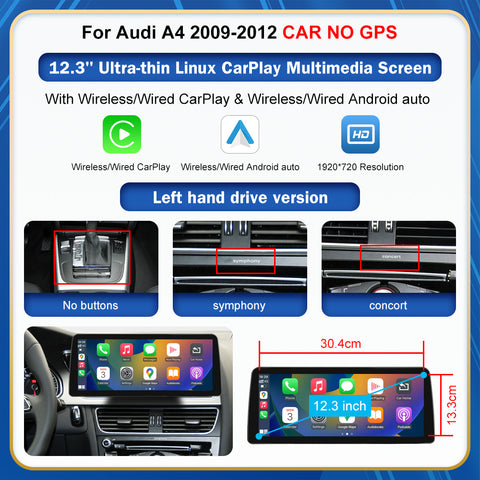 CarProKit 8.9" 12.3" Wireless CarPlay Android Auto Retrofit Linux Touch Screen for Audi A4 Multimedia Symphony Concert Radio 2009-2012