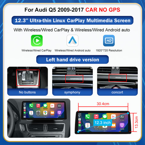 CarProKit 8.9" 12.3" Wireless CarPlay Android Auto Retrofit Linux Touch Screen for Audi Q5 Multimedia Symphony Concert Radio 2009-2017