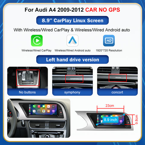 CarProKit 8.9" 12.3" Wireless CarPlay Android Auto Retrofit Linux Touch Screen for Audi A4 Multimedia Symphony Concert Radio 2009-2012