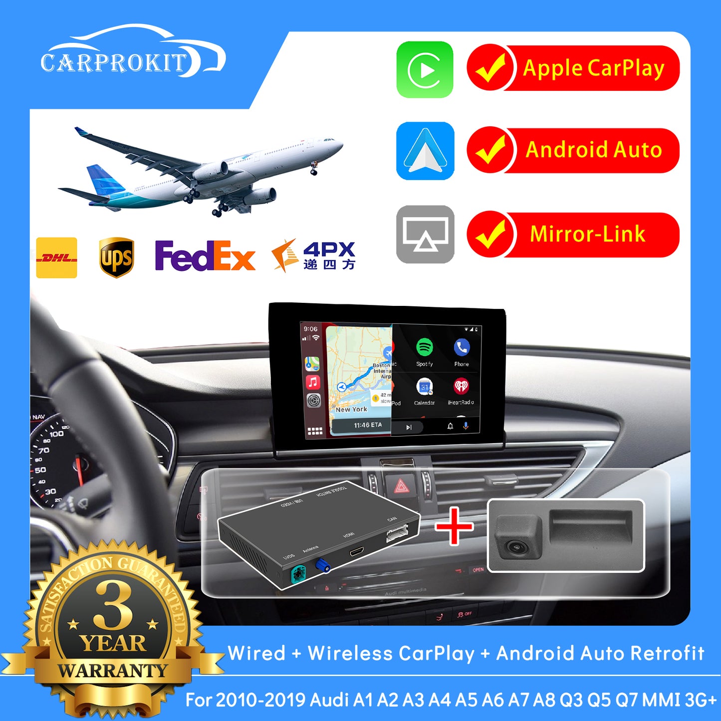 CarProKit Wireless CarPlay Android Auto Mirroring Retrofit Kits + AMI Cable + Reverse Camera for Audi A3 A4 A5 A6 A7 A8 Q3 Q5 Q7 2010-2019