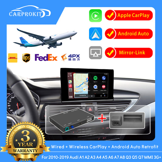 CarProKit Wireless CarPlay Android Auto Mirroring Nachrüstsätze + AMI-Kabel + Rückfahrkamera für Audi A3 A4 A5 A6 A7 A8 Q3 Q5 Q7 2010–2019 