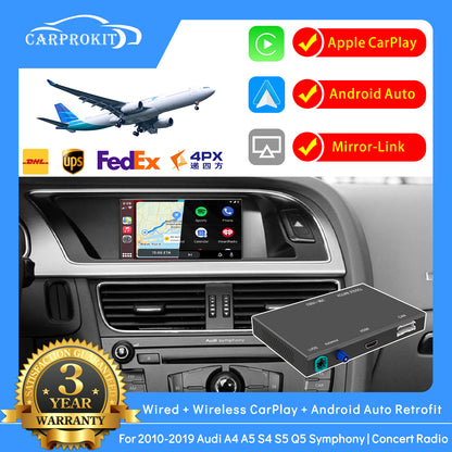 CarProkit Wireless CarPlay Android Auto Mirroring YouTube Retrofit Kit for Audi A4 A5 S4 S5 Q5 B8 NO-MMI Symphony Concert Radio 2009-2019