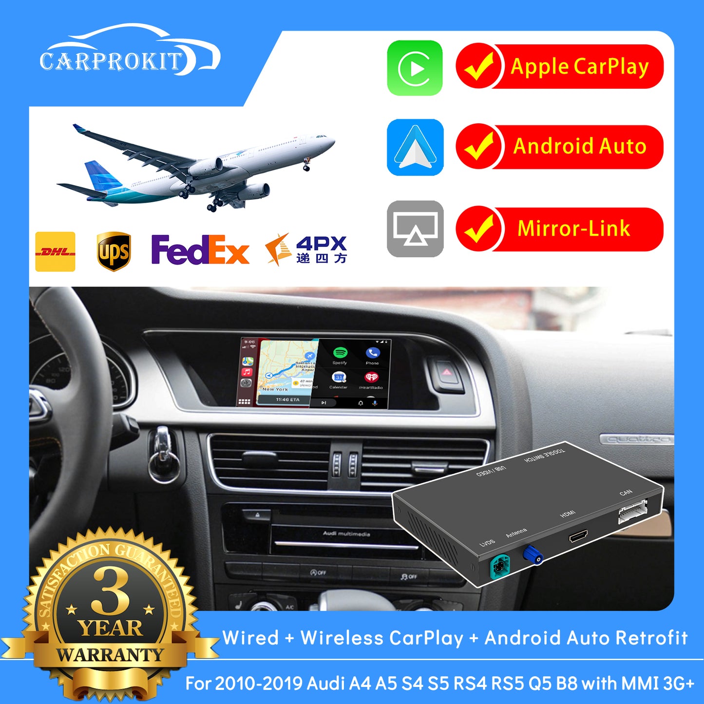 CarProKit Wireless CarPlay Android Auto AirPlay USB Mirroring YouTube Retrofit Module Kit Fit for Audi A4 A5 S4 S5 RS4 RS5 Q5 B8 MMI 3G+ 2010-2019