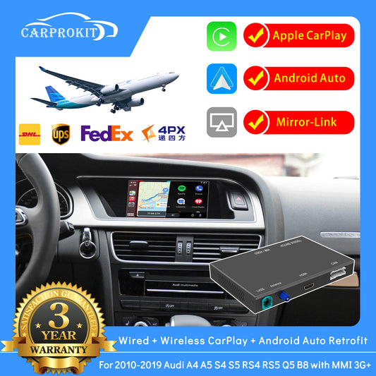 CarProKit Wireless CarPlay Android Auto AirPlay USB Mirroring YouTube Nachrüstmodul-Kit Passend für Audi A4 A5 S4 S5 RS4 RS5 Q5 B8 MMI 3G+ 2010–2019 