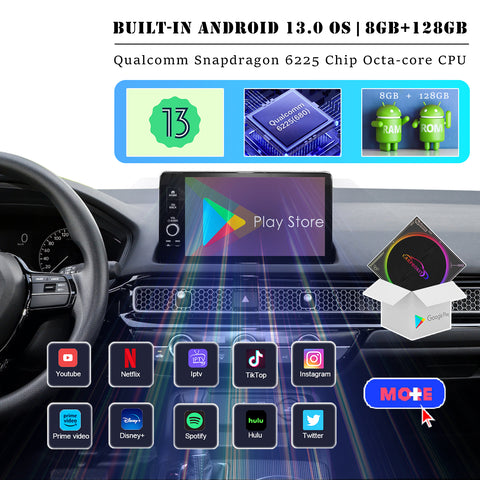 CarProKit 5.0 Wireless Apple CarPlay Android Auto Android 13.0 AI Box Screen Mirroring Built-in YouTube Netflix Hulu Disney+ QCM6225 8GB+128GB