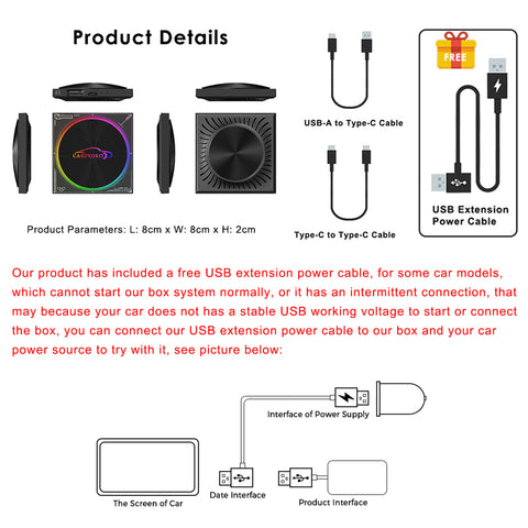CarProKit 5.0 Wireless Apple CarPlay Android Auto Android 13.0 AI Box Screen Mirroring Built-in YouTube Netflix Hulu Disney+ QCM6225 8GB+128GB