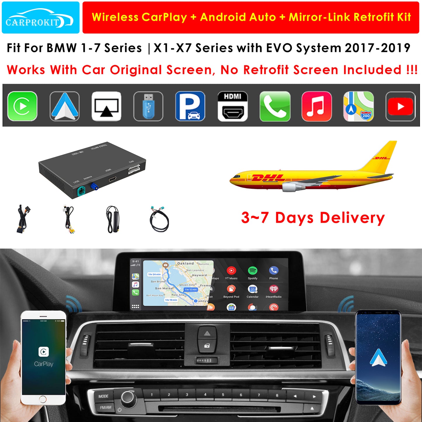 CarProKit Wireless CarPlay Android Auto Mirroring YouTube Nachrüstsatz für BMW 1/2/3/4/5/6/7 Serie X1 X3 X4 X5 X6 EVO System 2017–2019