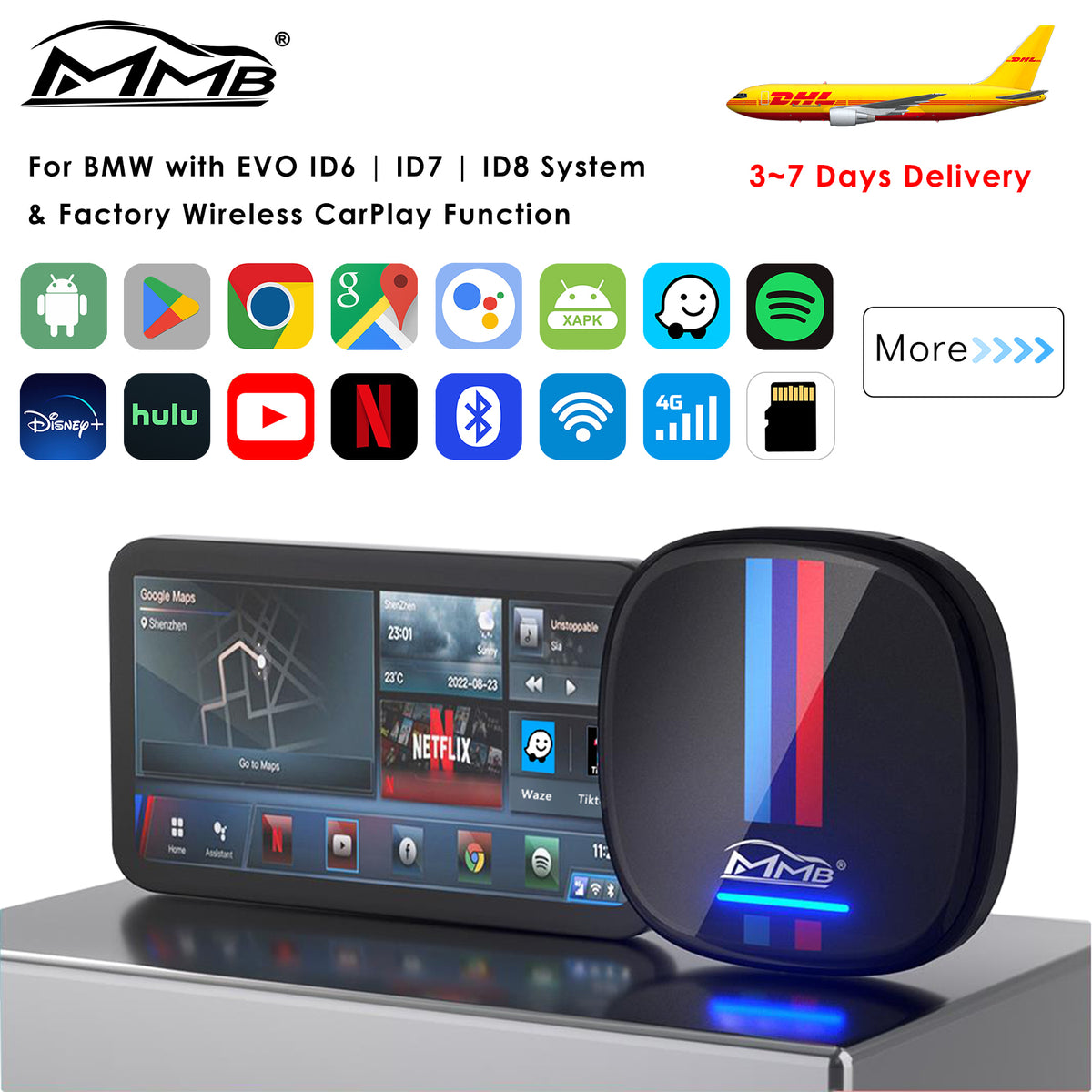 MMB BMW Android 13.0 Video AI Box Adapter Built-in YouTube Netflix Hulu For BMW / MINI Cooper EVO ID6 ID7 ID8 ID9 with Original Wireless CarPlay