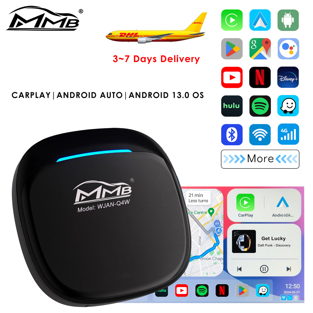 MMB MAX 5.0 Wireless Apple CarPlay Android Auto Adapter Android 13.0 YouTube Netflix AI Box 8GB+128GB For 2016-2024 Cars with Factory Wired CarPlay