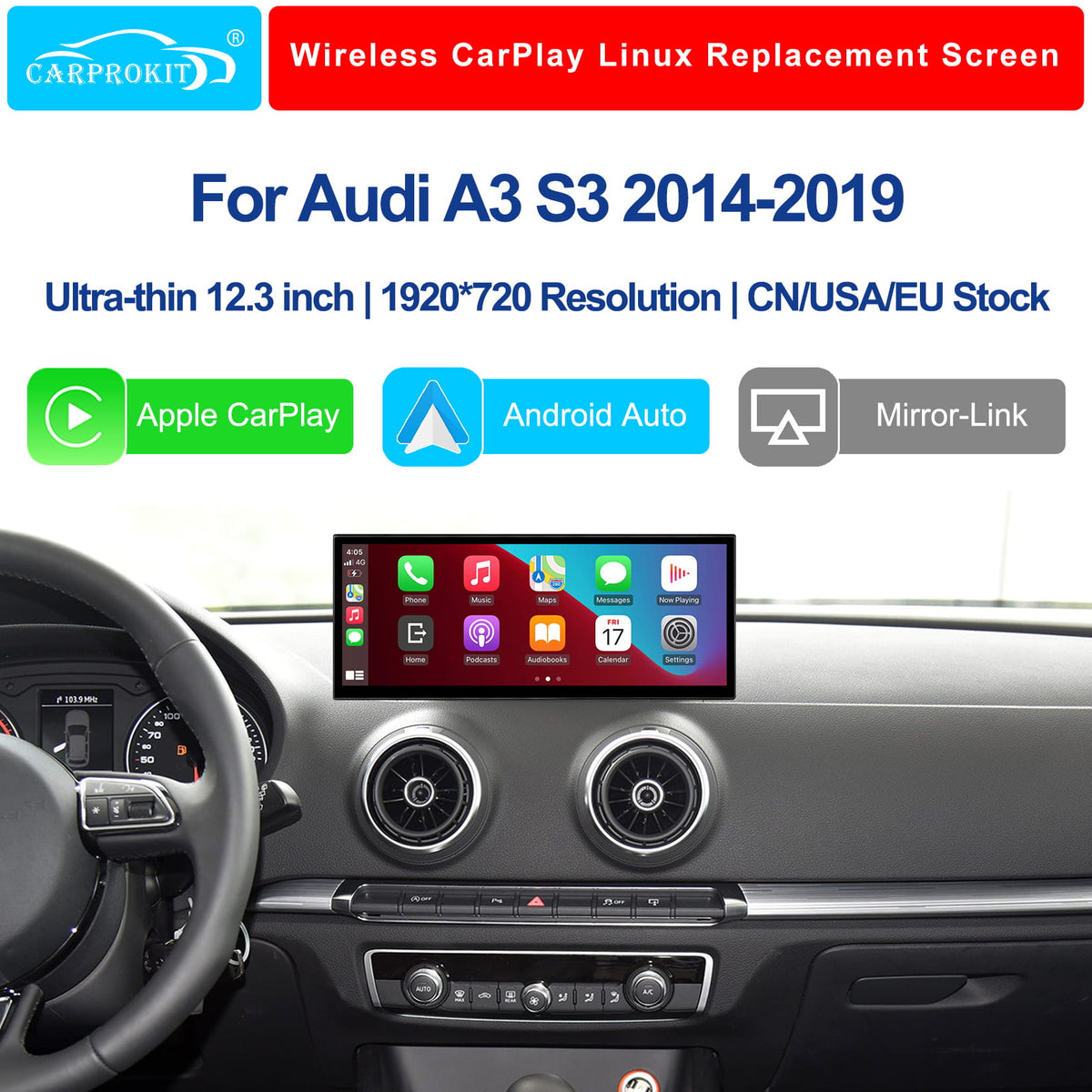 12.3" Linux Touch Screen Wireless CarPlay Android Auto for Audi A3 S3 2014-2019