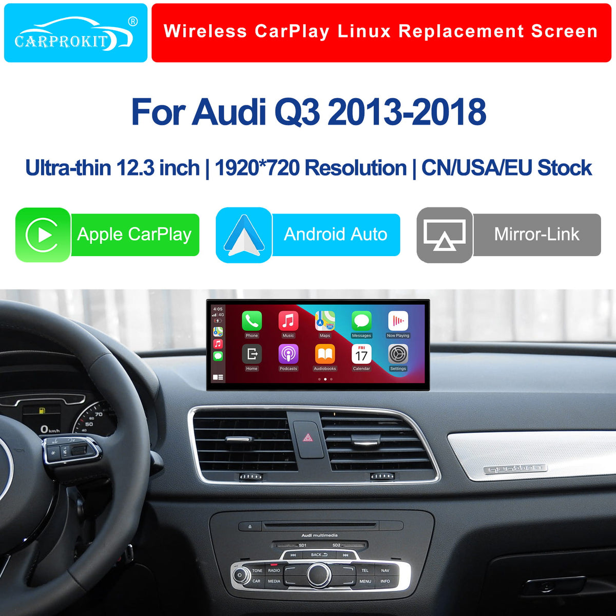 12.3" Linux Touch Screen Wireless CarPlay Android Auto for Audi Q3 2013-2018