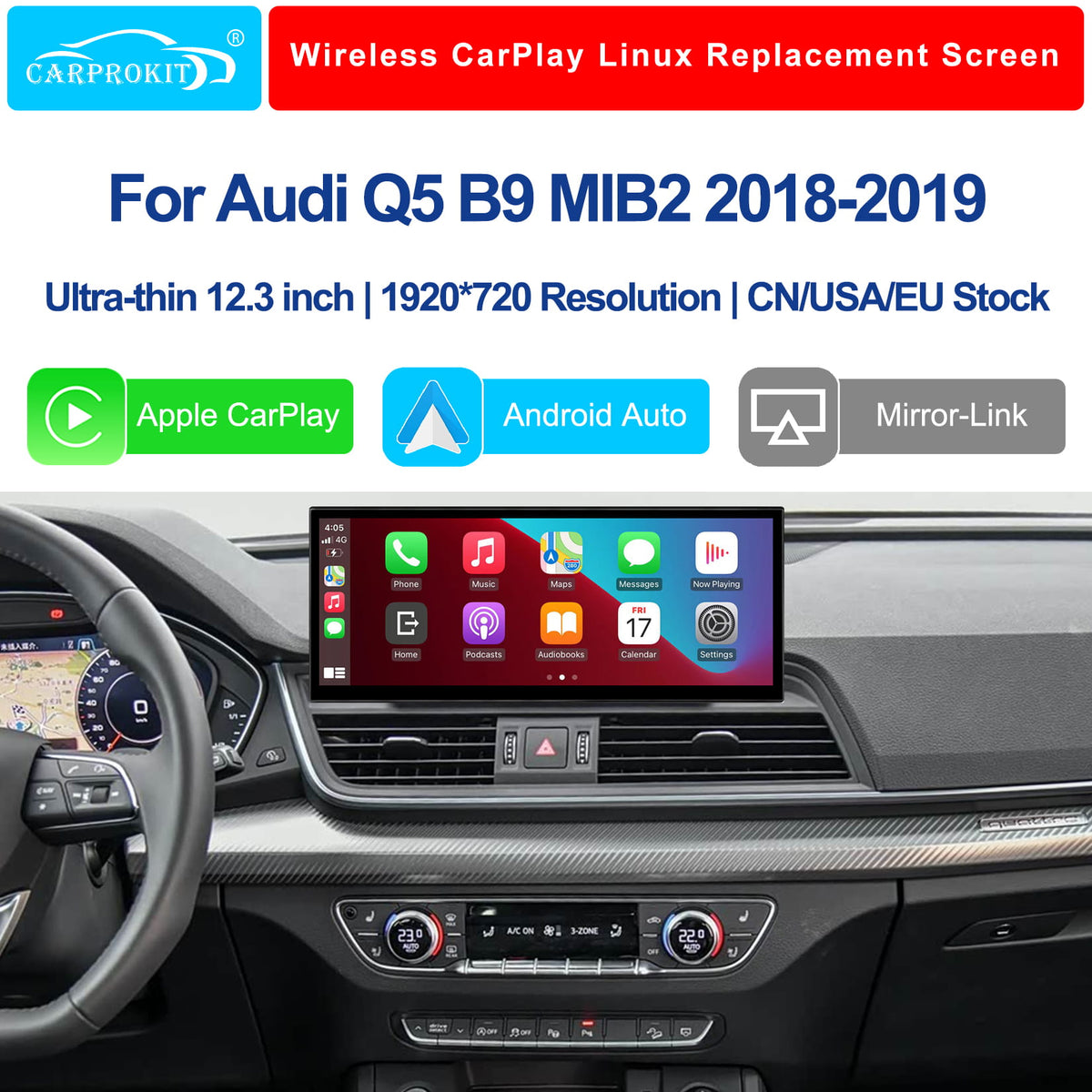 12.3" Linux Touch Screen Wireless CarPlay Android Auto for Audi Q5 B9 MIB2 2018-2019