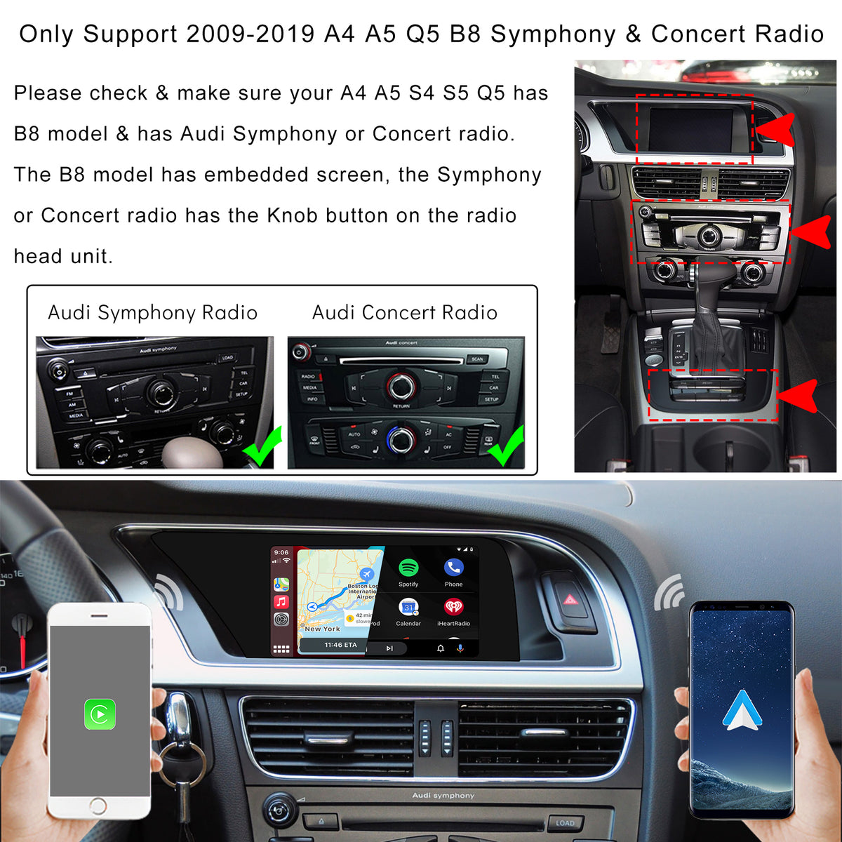 CarProKit for Audi A1 A3 A4 A5 A6 A7 A8 Q2 Q3 Q5 Q7 2010-2019 Wireless Apple CarPlay Android Auto Retrofit Kit + Front & Reverse Backup Camera