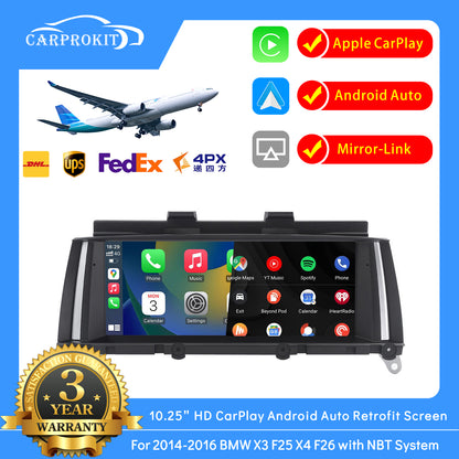 CarProKit Wireless CarPlay Android Auto Mirror-Link 10.25" HD Linux Replacement Screen Retrofit Kit for BMW X3 F25 X4 F26 2014-2016 with NBT System