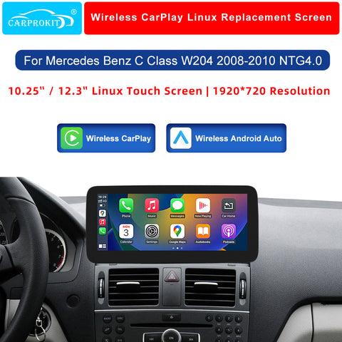 CarProKit 10.25" 12.3" Wireless CarPlay Android Auto Retrofit Linux Touch Screen for Mercedes-Benz C Class W204 with NTG 4.0 System 2008-2010