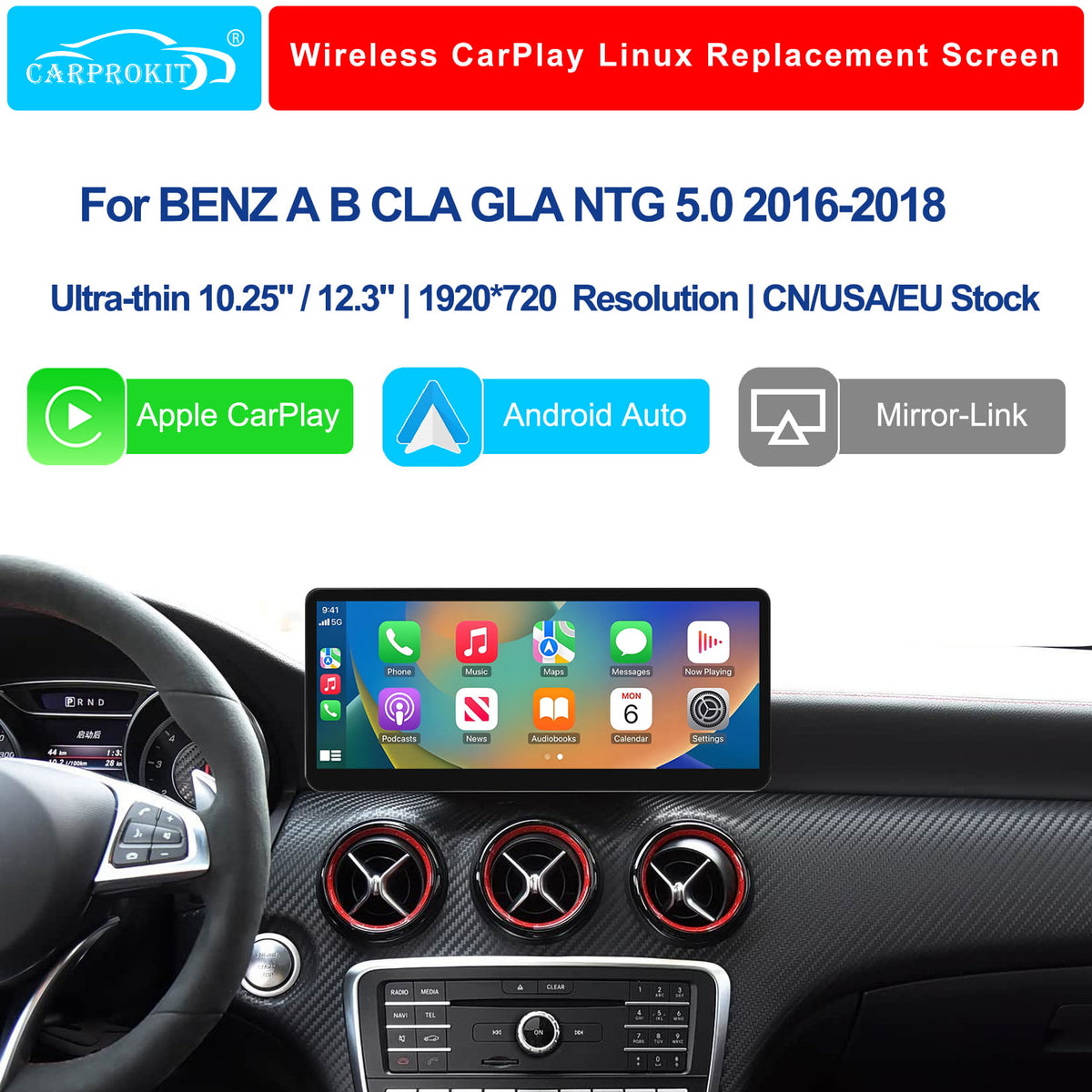 For Mercedes-Benz A/B/CLA/GLA NTG 5.0 2016-2018 Wireless CarPlay Android Auto Linux Touch Screen