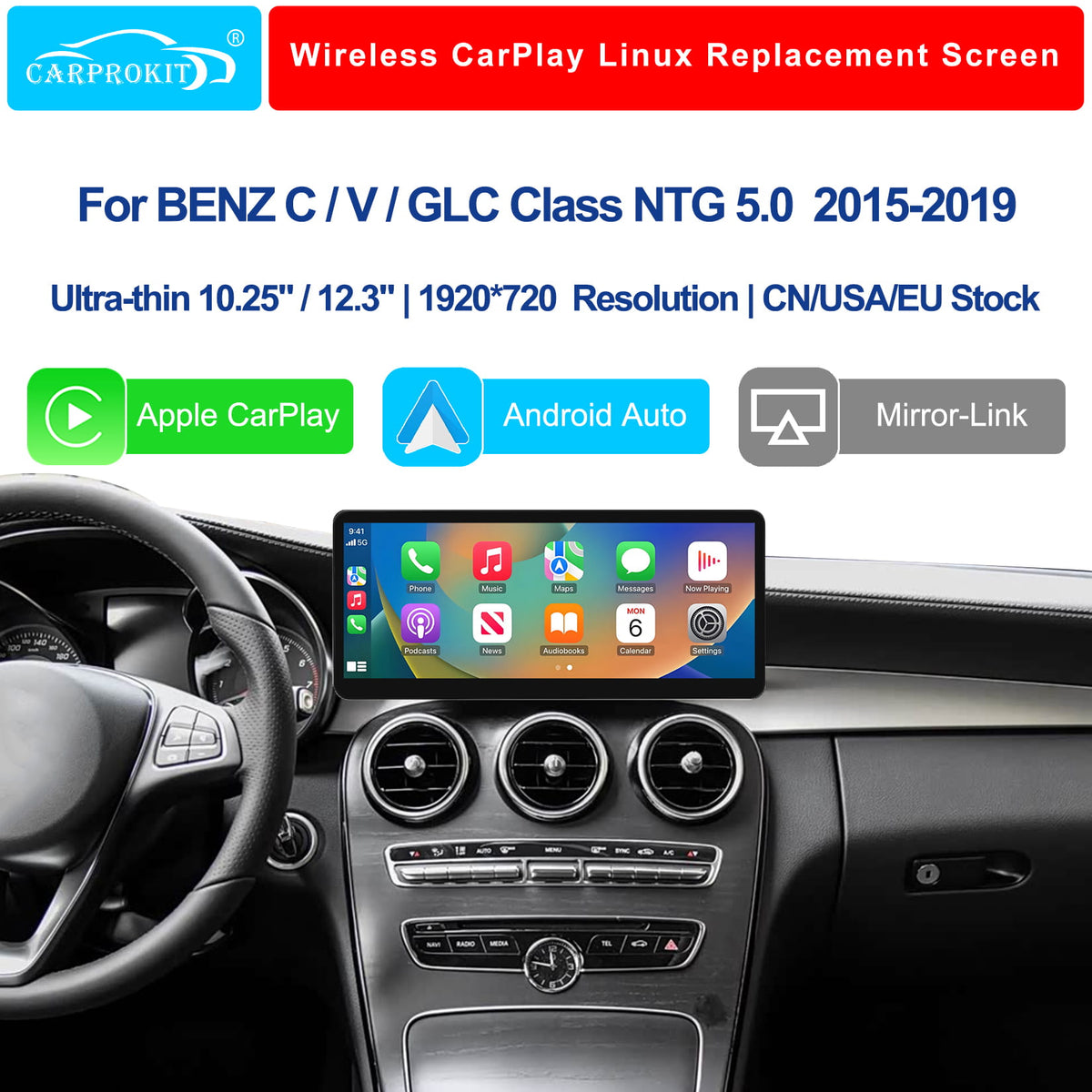 For Mercedes-Benz C/V/GLC Class NTG 5.0 2015-2019 Wireless CarPlay Android Auto Linux Touch Screen