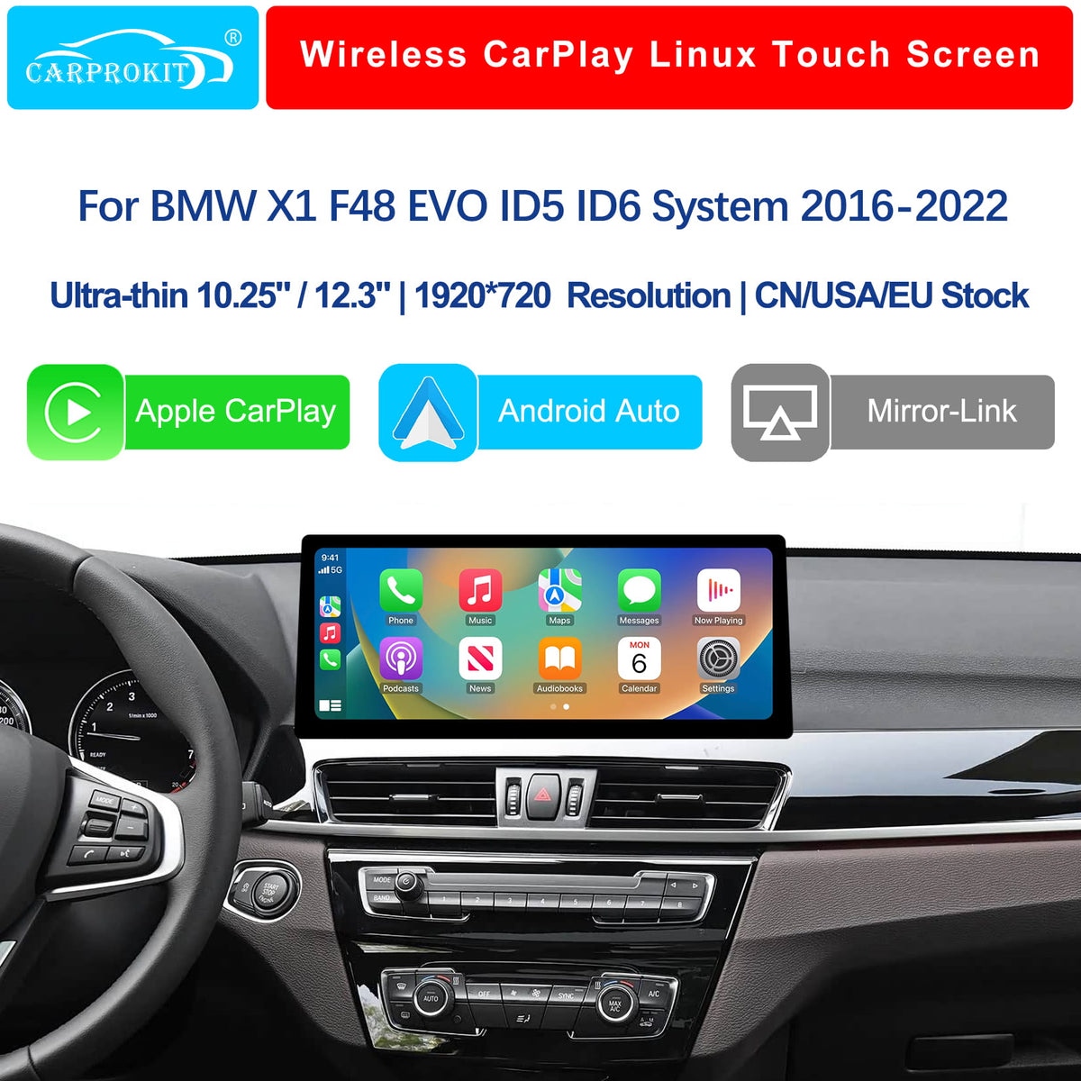 For BMW X1 F48 EVO ID5 ID6 2016-2022 Wireless CarPlay Android Auto Linux Touch Screen