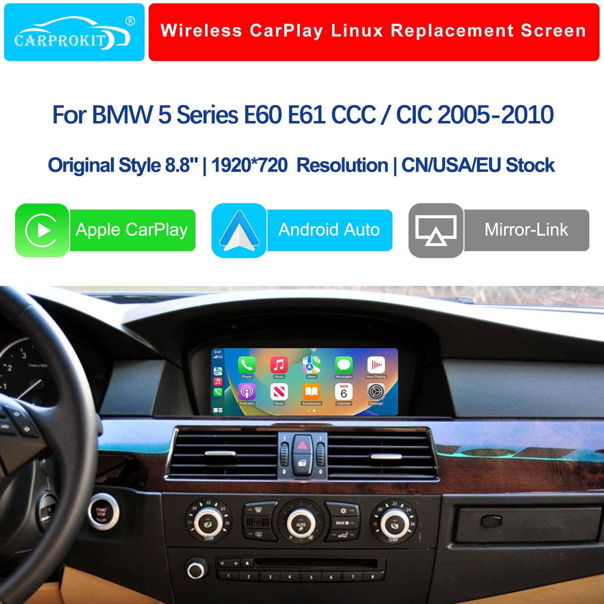 For BMW 5 Series CCC CIC 2005-2010 Wireless CarPlay Android Auto Linux Touch Screen