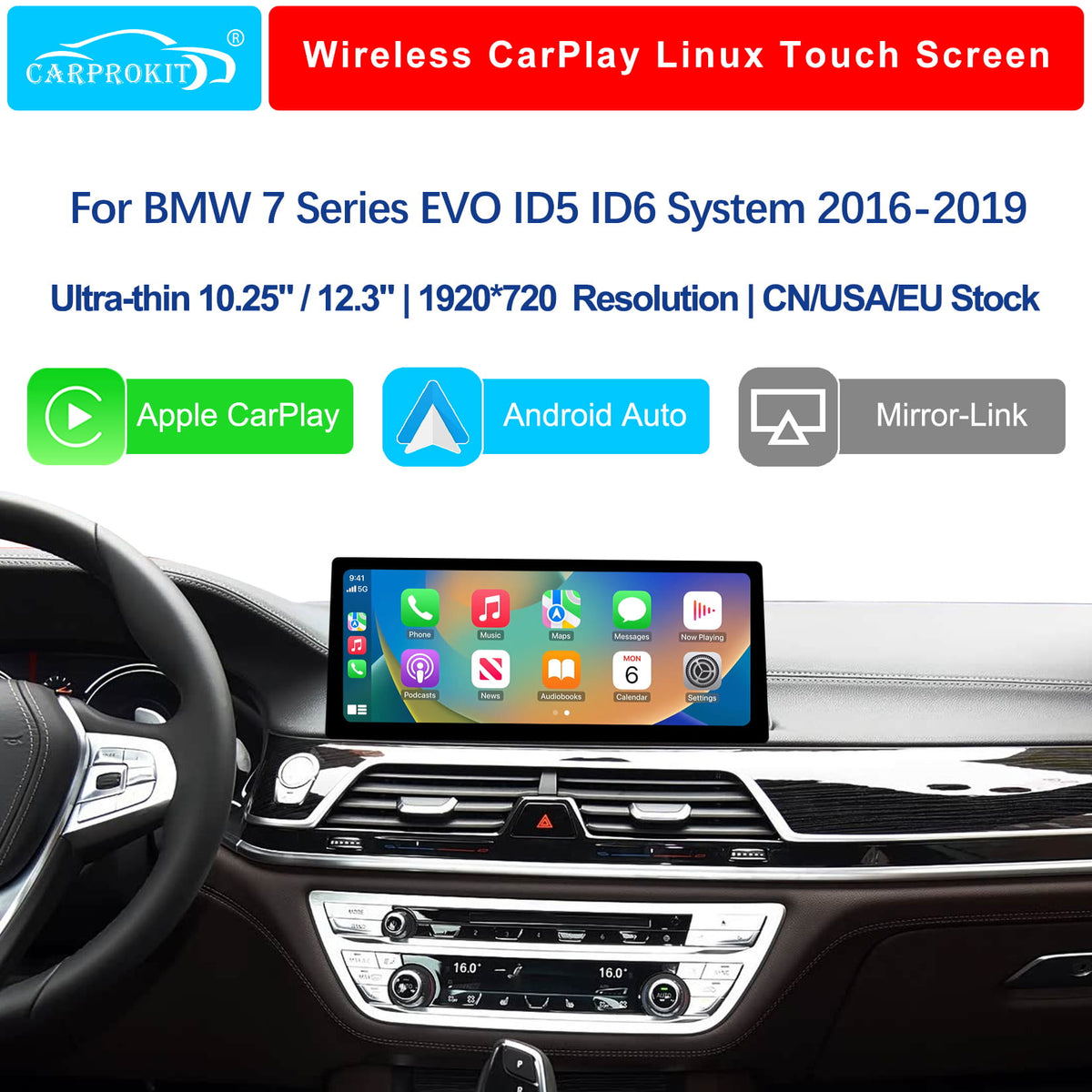 For BMW 7 Series EVO ID5 ID6 2016-2019 Wireless CarPlay Android Auto Linux Touch Screen