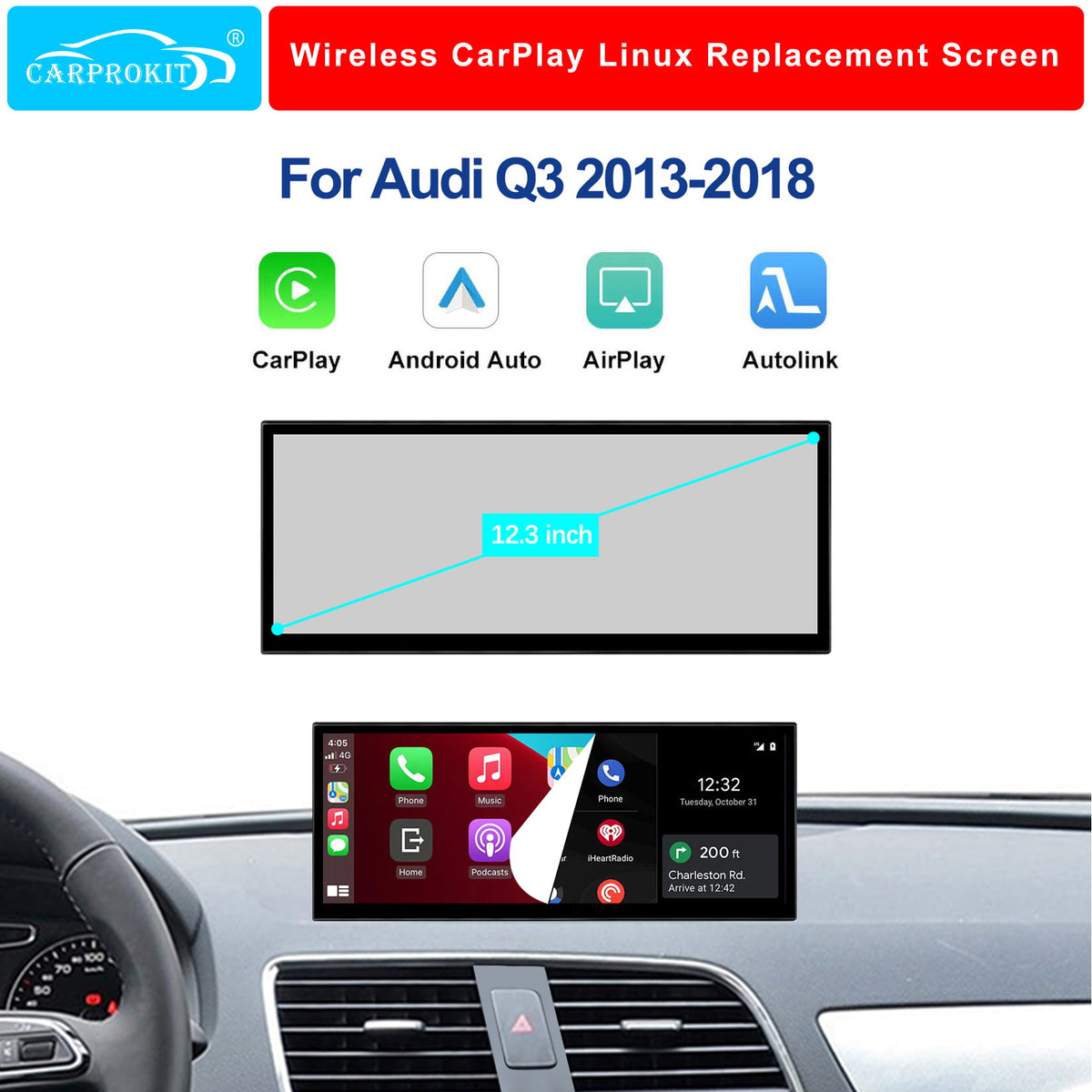 For Audi Q3 Wireless CarPlay Android Auto Linux Touch Screen 2013-2018
