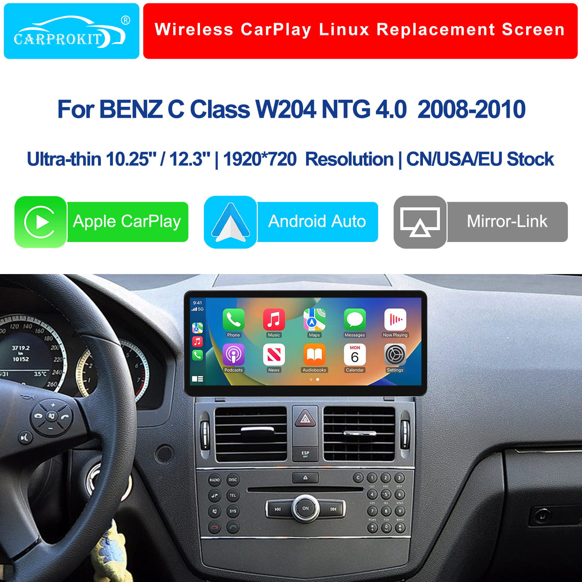For Mercedes-Benz C Class W204 NTG 4.0 2008-2010 Wireless CarPlay Android Auto Linux Touch Screen