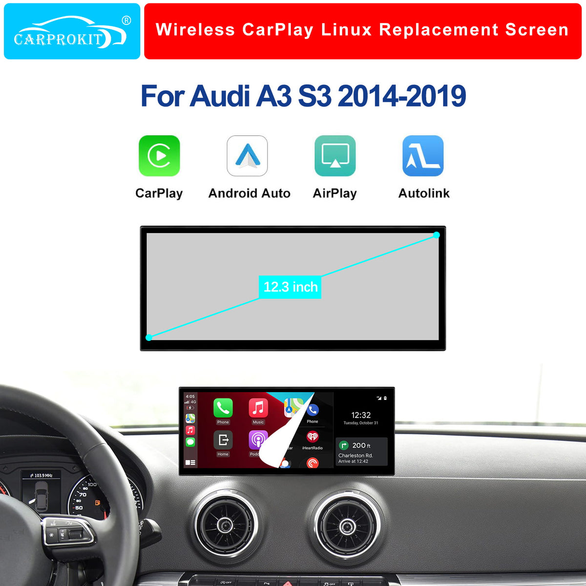 For Audi A3 Wireless CarPlay Android Auto Linux Touch Screen 2014-2019
