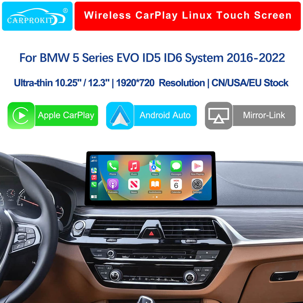 For BMW 5 Series EVO ID5 ID6 2017-2020 Wireless CarPlay Android Auto Linux Touch Screen