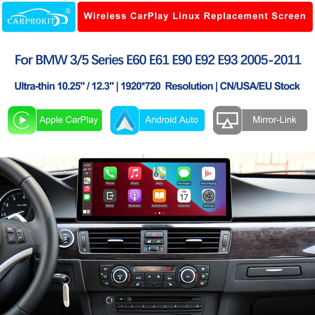 For BMW 3/5 Series CCC CIC Wireless CarPlay Android Auto 12.3" Linux Screen